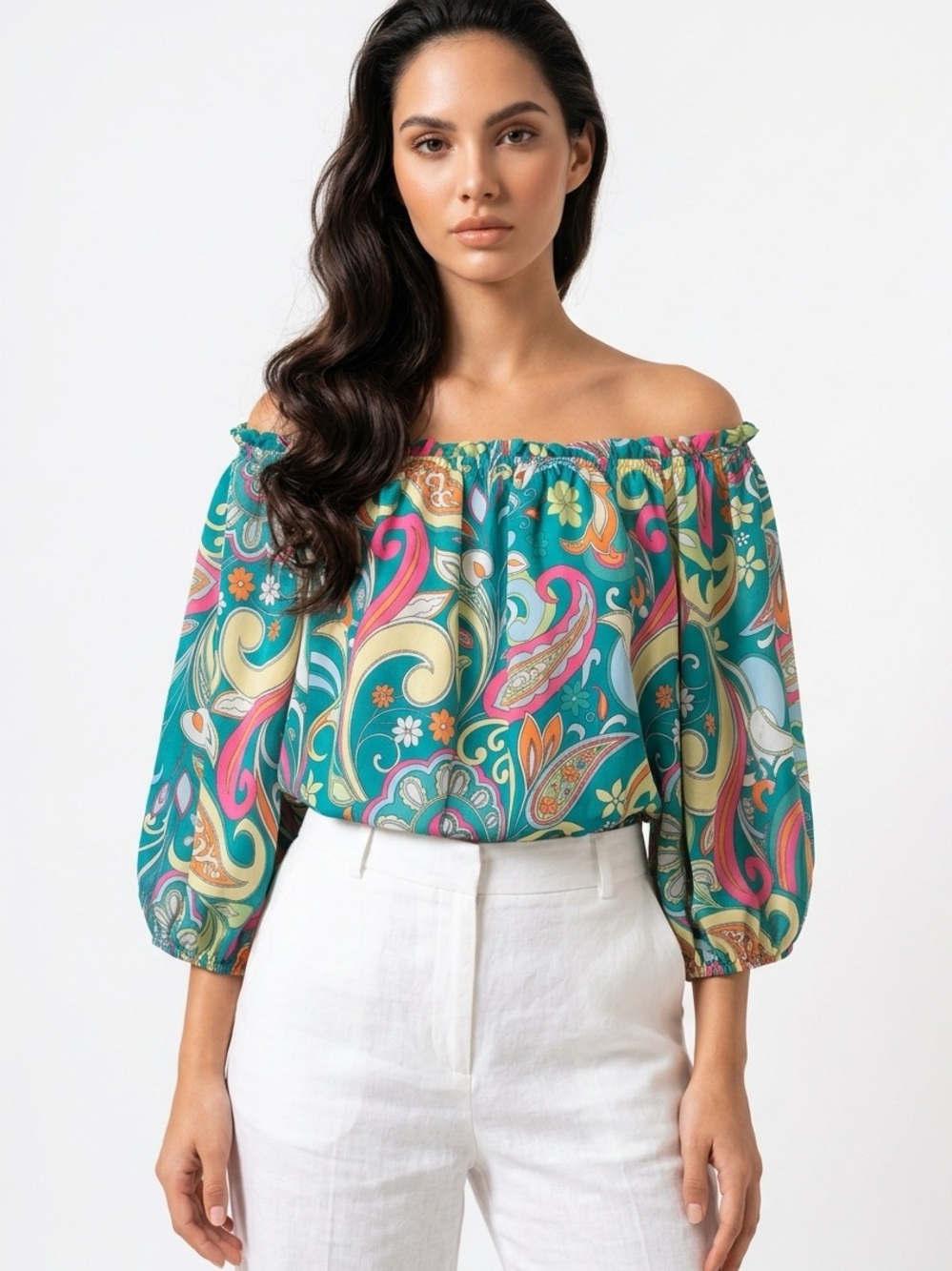 Women's Off-Shoulder Paisley Blouse in Teal Multicolor